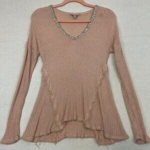 Juicy Couture Tunic Top, Waffle Knit, Exposed Seams, Glitter V-Neck, Medium